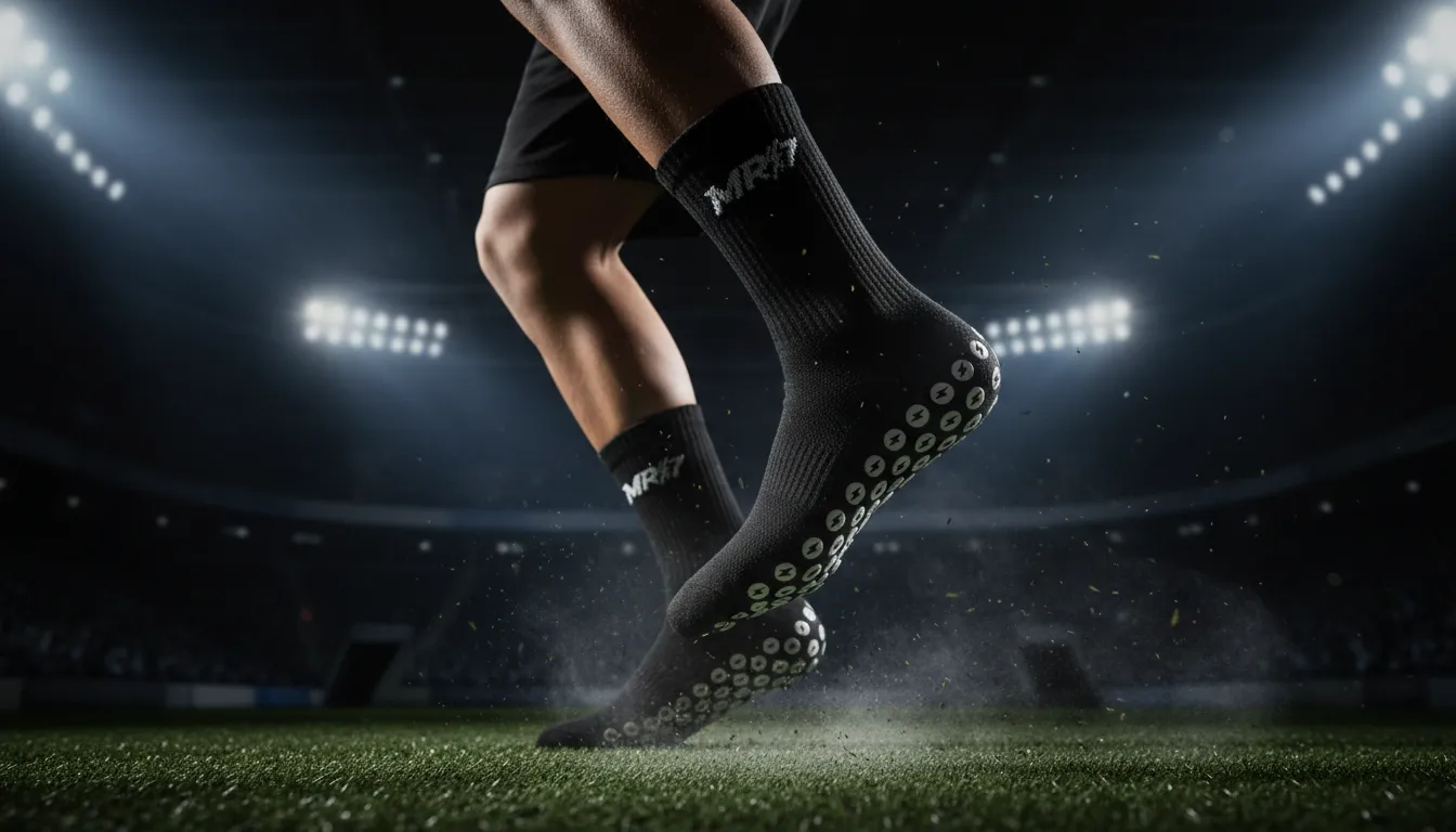 Young player in black MR7 grip socks under stadium floodlights