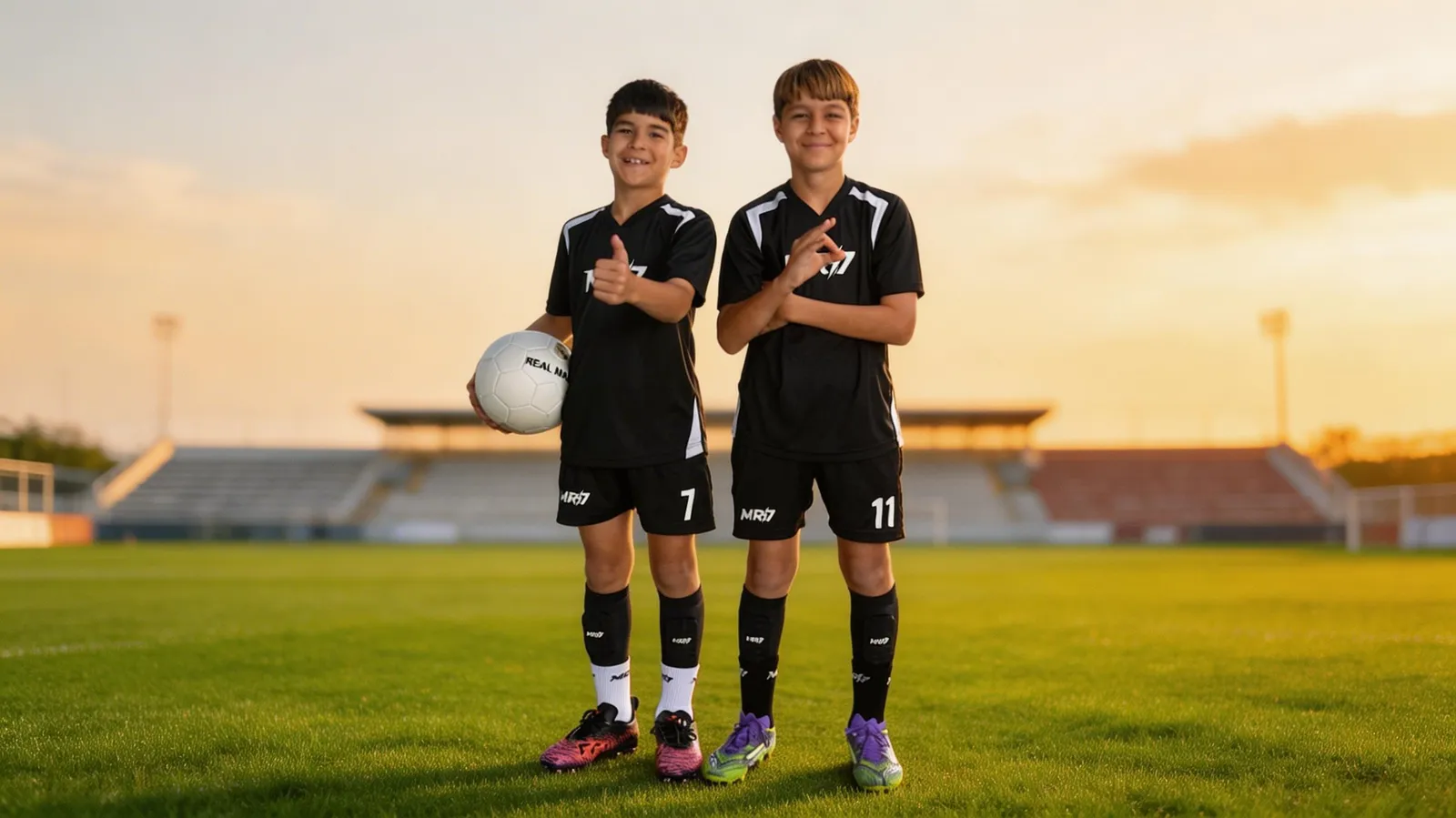 Two young players in MR7 kit holding a ball on the pitch at sunset